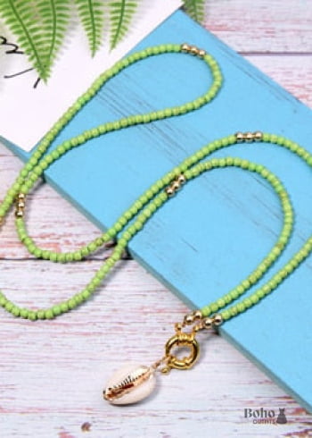 Boho Necklace, Long Blue Hippie Shell